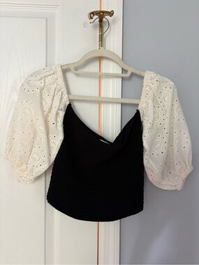 Zara Black Bodice with White Eyelet Puff Sleeves Crop Top